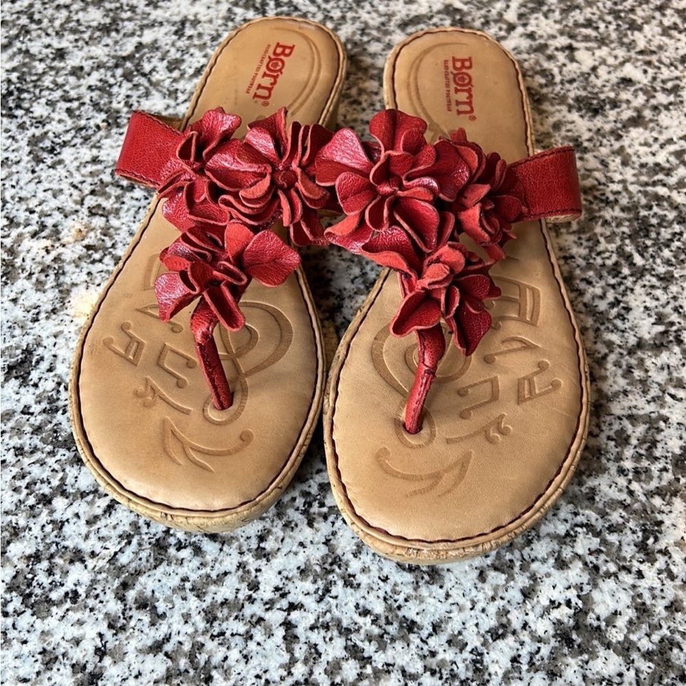 Born B77005 Strappy Cork Wedge Elastic Slides Open Toe Sandals Shoes Women's 7